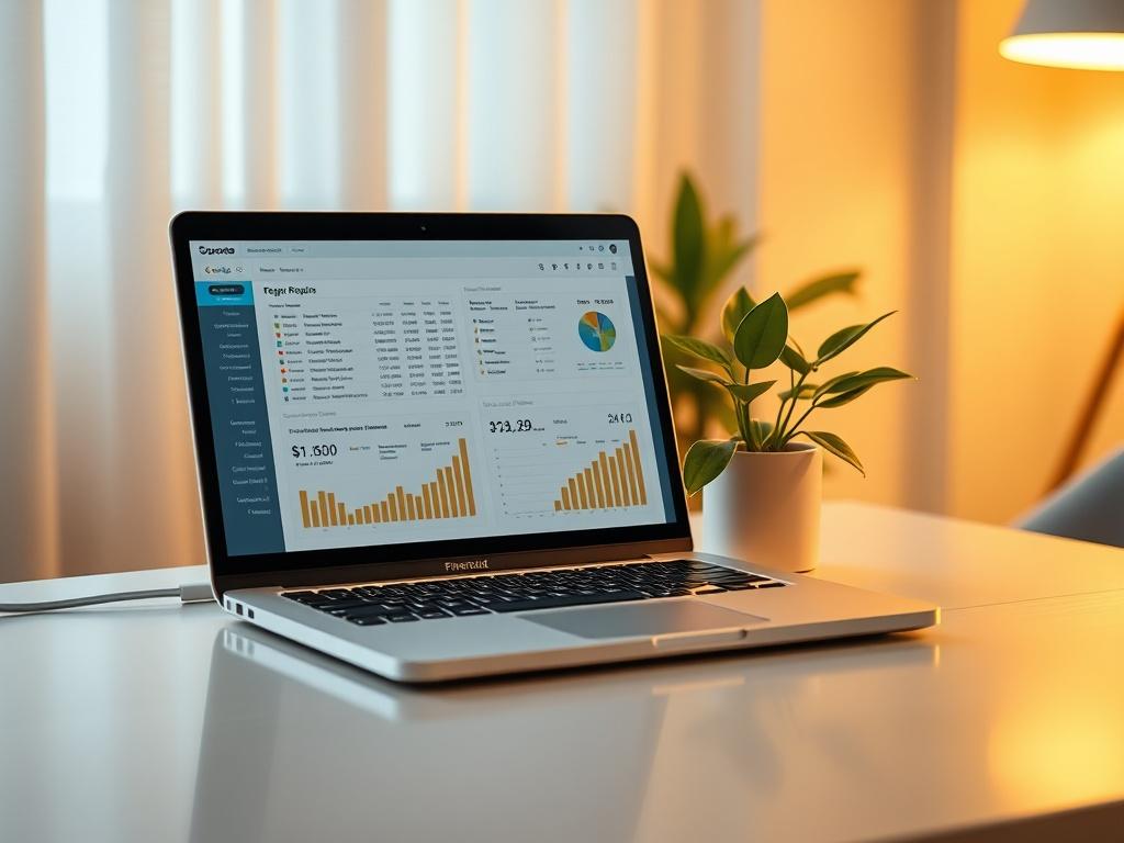 A serene office setting with a single open laptop displaying structured financial reports. The background features soft lighting, a cozy atmosphere, and a minimalist design. A potted plant sits next to the laptop, adding a touch of nature. The overall colour scheme incorporates golden hues and gentle tones, creating a warm and inviting workspace.
