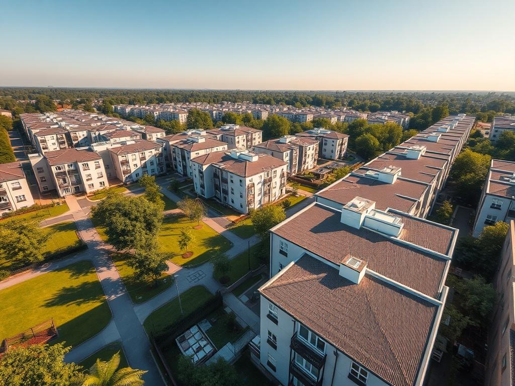 Aerial view of a low-rise affordable apartment estate, showcasing the layout of the buildings and surrounding greenery. The image captures the essence of community living with well-manicured lawns, pathways, and a sense of openness. The buildings are modern yet simple, designed for functionality and affordability. The sky is clear, providing a vibrant backdrop that highlights the estate's accessibility and appeal. The composition should focus on the buildings, with a clear view of the rooftops and surroundi