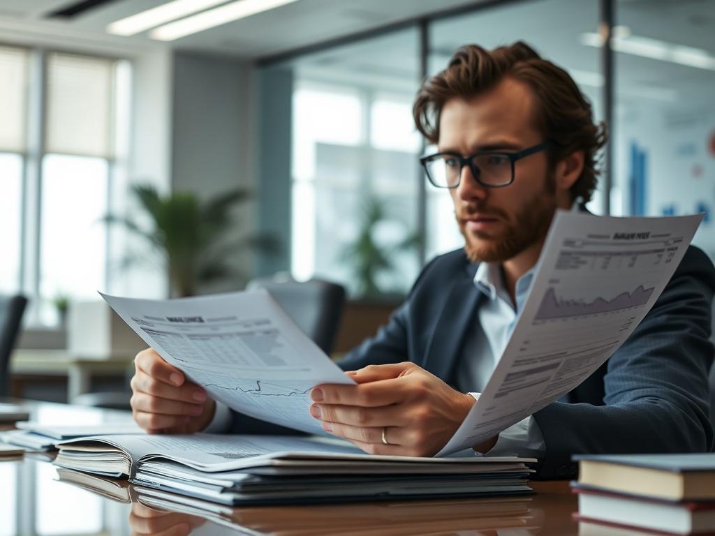 A close up shot of a financial analyst reviewing documents