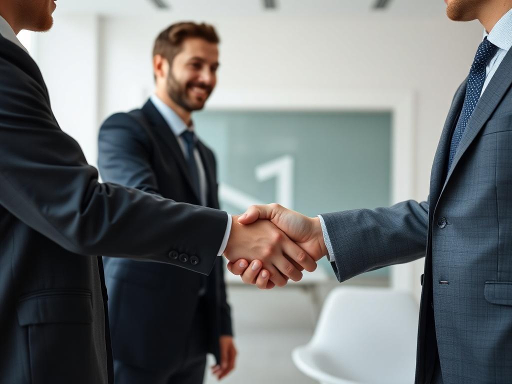 A close-up image of a professional handshake between two business individuals in a modern office setting. The background should be minimalistic and clean, focusing on the two individuals engaged in the handshake. The individuals are dressed in formal business attire, exuding professionalism and trust. The office environment includes soft lighting and neutral colours, creating an atmosphere of collaboration and partnership.