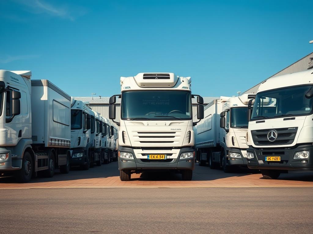 A fleet of cold chain logistic commercial vehicles parked in a well-organised logistic hub. The vehicles should feature modern designs, showcasing their refrigerated compartments. The background should include a clear blue sky and a well-maintained logistic facility. The image should be shot with a 45mm f/1.2 lens to capture the details of the vehicles and the environment, emphasizing the efficiency and professionalism of the cold chain logistics operation.