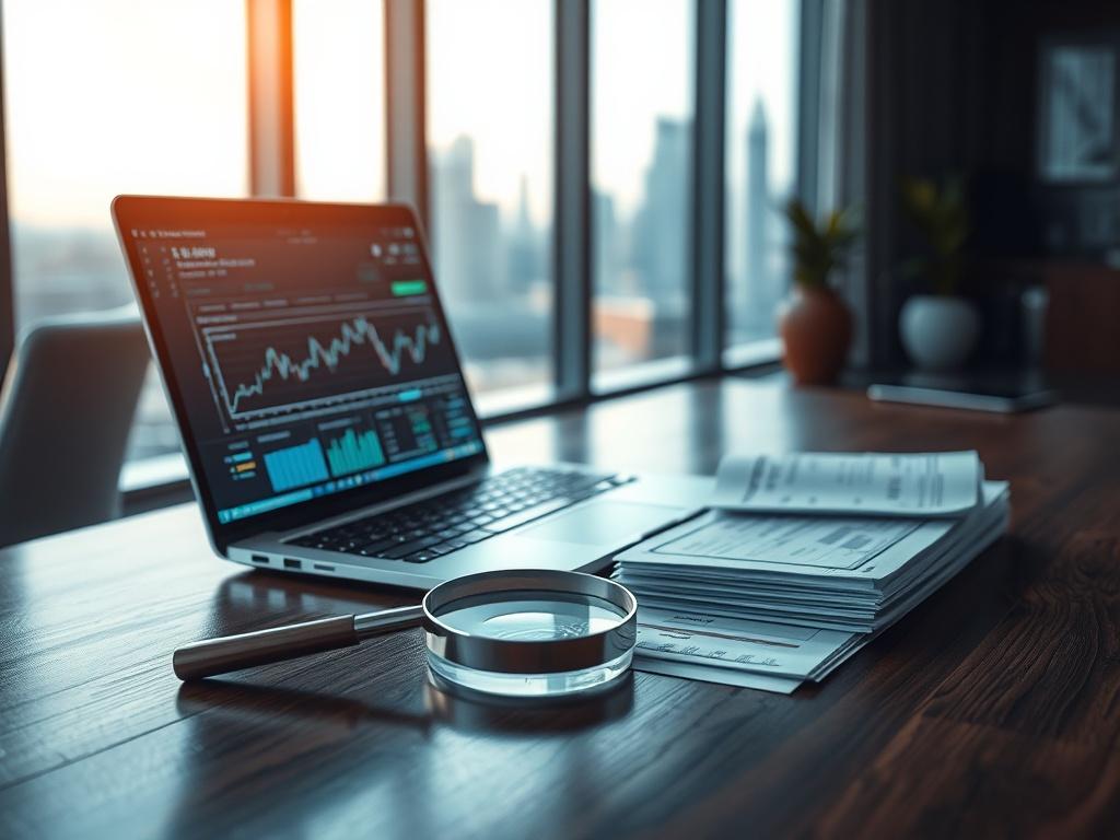 Create a highly detailed, realistic high-resolution image focused on the theme of investment. The composition should feature a single polished wooden desk with a modern laptop open, displaying financial graphs and data on the screen. In the foreground, place an elegant, silver magnifying glass resting next to a stack of neatly arranged financial reports and documents, symbolising diligence and attention to detail.

The background should be a softly blurred luxury office setting, showcasing large floor-to-ce