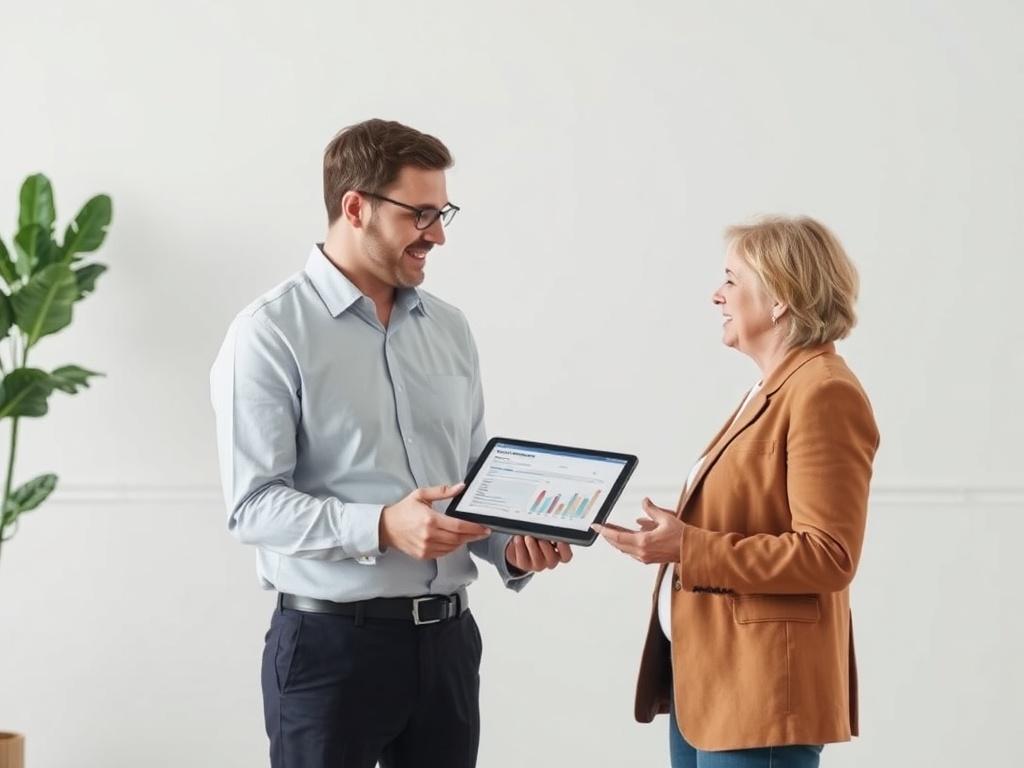 A high-resolution image depicting a professional consultant advising an investor in a modern office environment. The consultant is explaining a transition plan using a digital tablet, with charts and data visible. The background is minimalistic, featuring clean lines and soft, neutral colours, creating a sense of professionalism and clarity. The focus is on the interaction between the consultant and the investor, highlighting the transfer and transition support process.