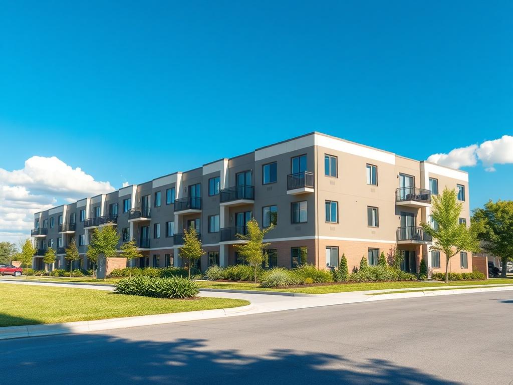 A realistic high-resolution photo of a low-rise affordable housing complex set against a clear blue sky. The composition features a modern architectural design with multiple units, showcasing a welcoming and vibrant community. Lush green landscaping is visible in the foreground, enhancing the appeal of the housing. The background displays a bright blue sky with a few fluffy white clouds, creating an inviting atmosphere. The image should reflect a sense of stability and community, with an emphasis on quality