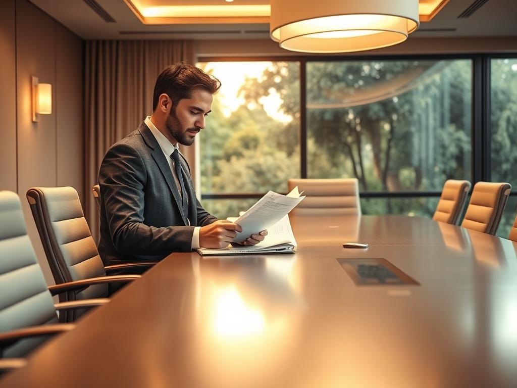 Create a realistic high-resolution photo depicting a serene boardroom setting with a single subject: a well-dressed professional reviewing documents on impact investing. The background should feature soft lighting, a large window with a view of greenery outside, and a polished conference table. The image should evoke a sense of professionalism, calmness, and focus, reflecting the themes of governance and sustainability.