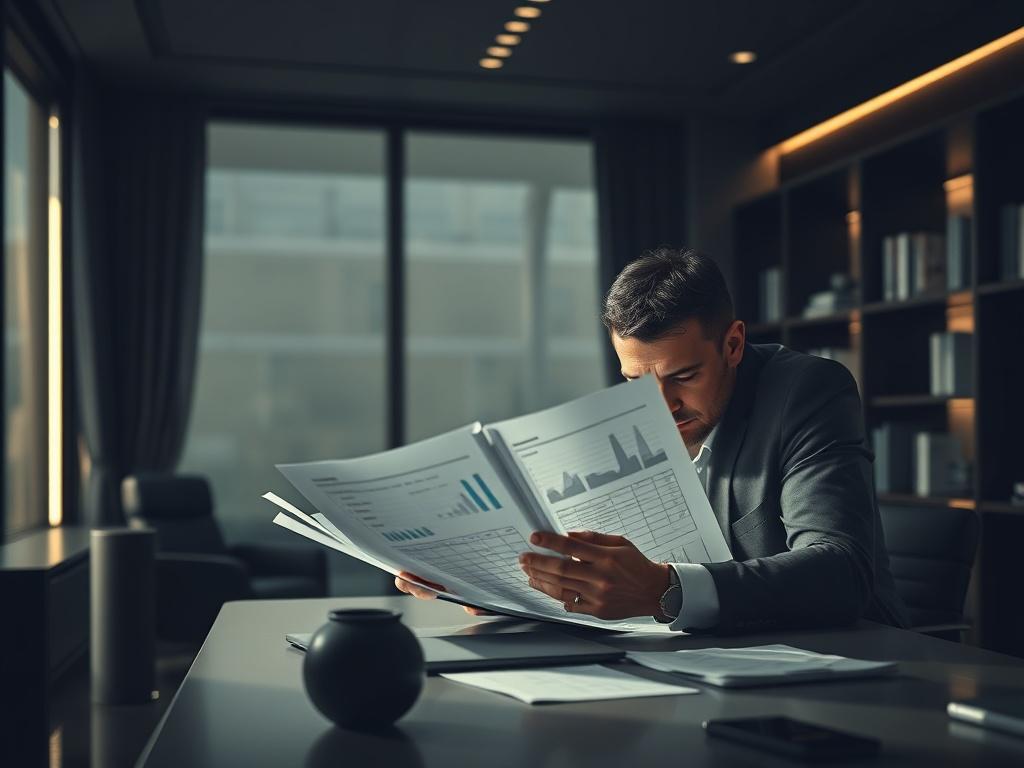 A high-resolution photo of a professional advisor engaged in a detailed due diligence process. The advisor is seated at a modern desk, examining detailed financial reports and asset documentation. The background features a sleek office environment with a sophisticated feel, incorporating elements like a large window with natural light, a bookshelf with finance-related books, and a contemporary design. The atmosphere is serious and focused, highlighting the importance of thorough analysis in making informed 