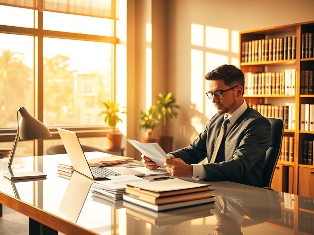 A serene office environment depicting a professional compliance officer reviewing documents. The officer is seated at a sleek desk with a laptop open, surrounded by neatly arranged folders and regulatory books. Soft golden lighting filters through a large window, creating a warm atmosphere. In the background, a bookshelf filled with legal texts and compliance manuals adds depth to the scene. The overall composition should convey a sense of diligence and professionalism, emphasising the importance of complia