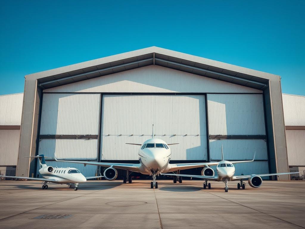 A zoomed-out exterior view of an extremely large aircraft hangar, showcasing its impressive size and architectural design. The hangar is the main focal point of the image, with a few commercial and business jets parked nearby, subtly included to provide context without drawing attention away from the hangar itself. The background features a clear blue sky, and the hangar’s structure is highlighted by natural lighting, emphasizing its scale and industrial elegance.