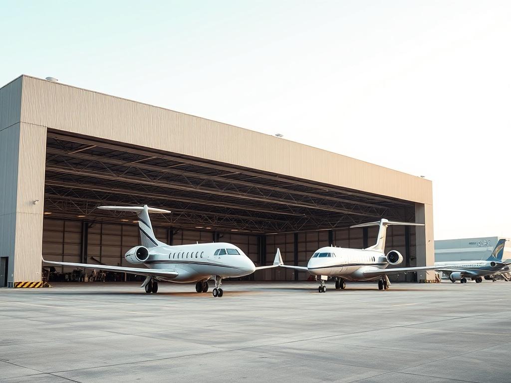 A zoomed-out exterior view of an extremely large aircraft hangar, with a few commercial and business jets positioned nearby. The focus is primarily on the hangar structure itself, showcasing its size and architectural details. The background should be clear and unobtrusive, allowing the hangar to be the main subject of the image. The lighting should be natural, highlighting the materials and design of the hangar.