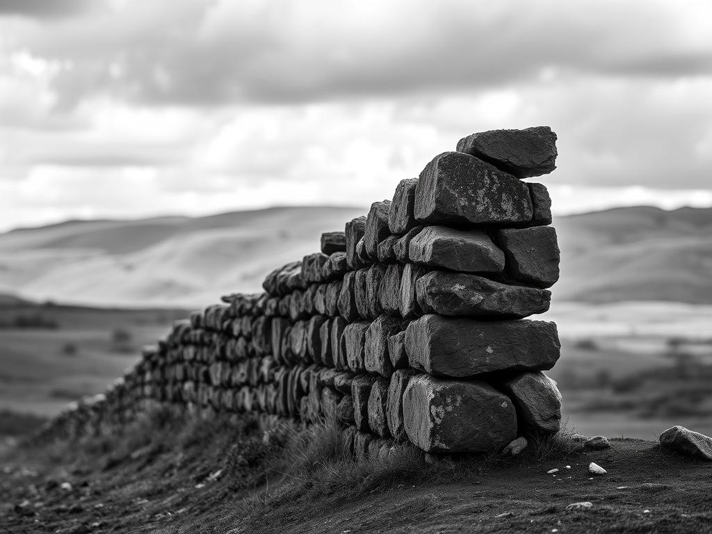 A high-resolution black and white photograph of a lone, weathered stone wall, symbolising resilience and strength. The wall should be positioned in the centre of the frame, showcasing its textured surface and worn edges. In the background, a blurred landscape of rolling hills and a cloudy sky should create a sense of depth and contrast. The overall composition should evoke a feeling of permanence and stability, while the monochrome palette enhances the seriousness of the subject.
