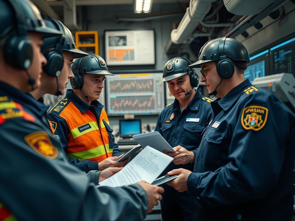 A high-resolution photo showing a technical crew in uniform conducting an operation briefing. The setting should be a well-lit operational environment, with a focus on the crew members engaged in discussion, holding documents and digital devices. The background should include elements indicative of a professional workspace, such as charts, monitors displaying data, and equipment relevant to the operations. The composition should be simple and clear, highlighting the teamwork and professionalism of the crew,