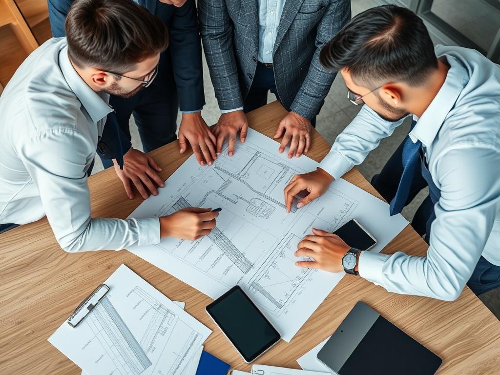 A close-up shot of professionals from different sectors collaborating over a project plan, with blueprints and digital devices on a table. The setting should reflect a contemporary workspace, showcasing teamwork and strategic discussions. The image should be hyper-realistic, captured with a 45mm f/1.2 lens, focusing on the quality of the operational environment and the dynamic interactions between the professionals.