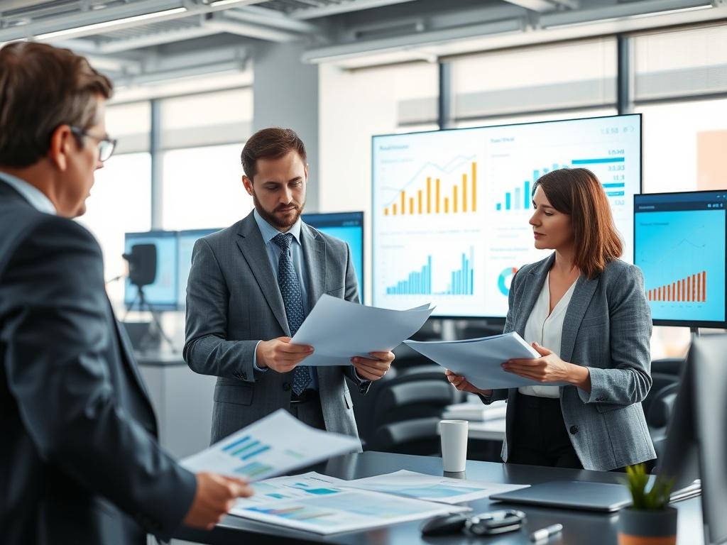 A close-up shot of a sophisticated office environment, highlighting professionals engaged in discussions over documents and digital screens displaying graphs and data. The background should be a modern workspace with a neutral palette, focusing on the quality of the assets being evaluated, such as charts and reports. The image should be hyper-realistic, shot with a 45mm f/1.2 lens, ensuring clarity and depth.