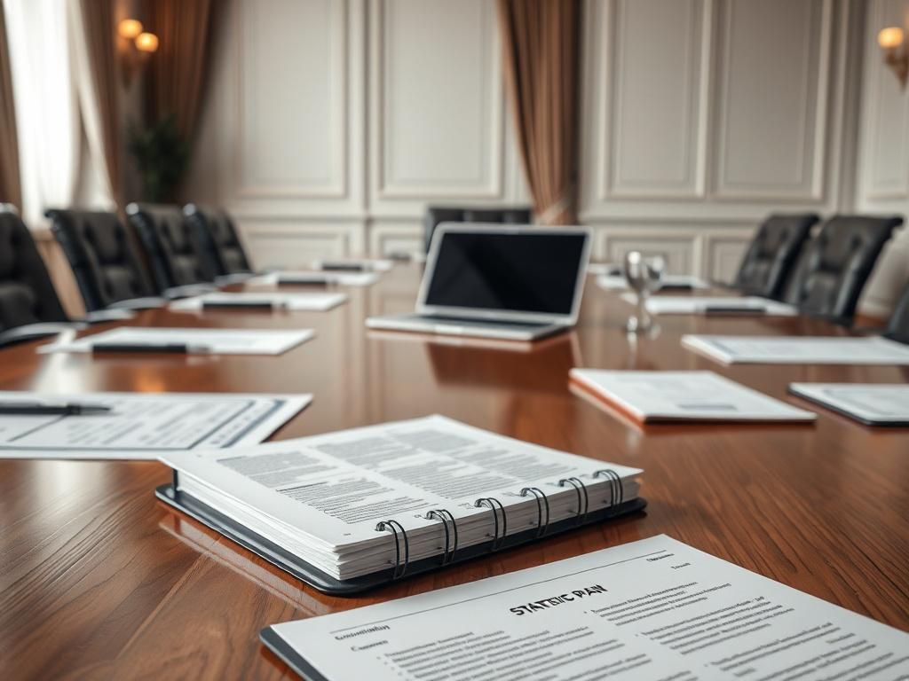 A close-up shot of a boardroom table set for a meeting, featuring documents, a laptop, and a notepad with strategic plans. The atmosphere should convey professionalism, with high-quality materials like polished wood and sophisticated decor. The image should have a neutral colour palette, focusing on elements that represent governance, such as compliance documents and governance frameworks, rendered in hyper-realistic detail.