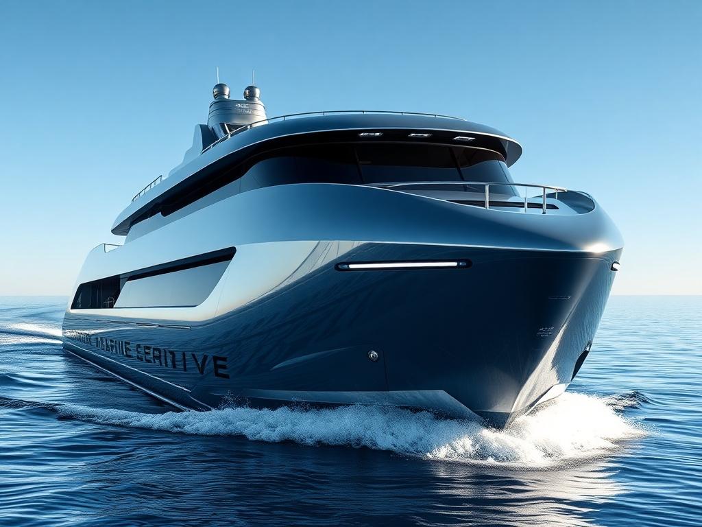 A sleek, futuristic commercial maritime vessel navigating through calm waters. The ship features a streamlined design with a metallic surface reflecting sunlight, showcasing ultra-shiny accents and luminous highlights. In the background, a clear blue sky complements the serene ocean, enhancing the vessel's modern aesthetic. The focus is solely on the ship, which embodies cutting-edge technology and sophistication, illustrating the future of maritime transport.