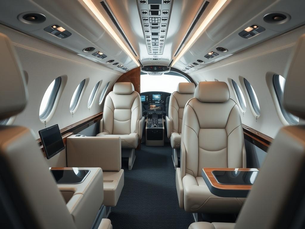 A close-up shot of a sleek, modern business jet interior, showcasing luxury seating and advanced control panels. The background should be blurred to focus on the details of the jet's design, highlighting the elegance and sophistication of the aviation asset. The image should be captured with a 45mm f/1.2 lens to achieve a hyper-realistic appearance, compatible with the #062767 primary color.