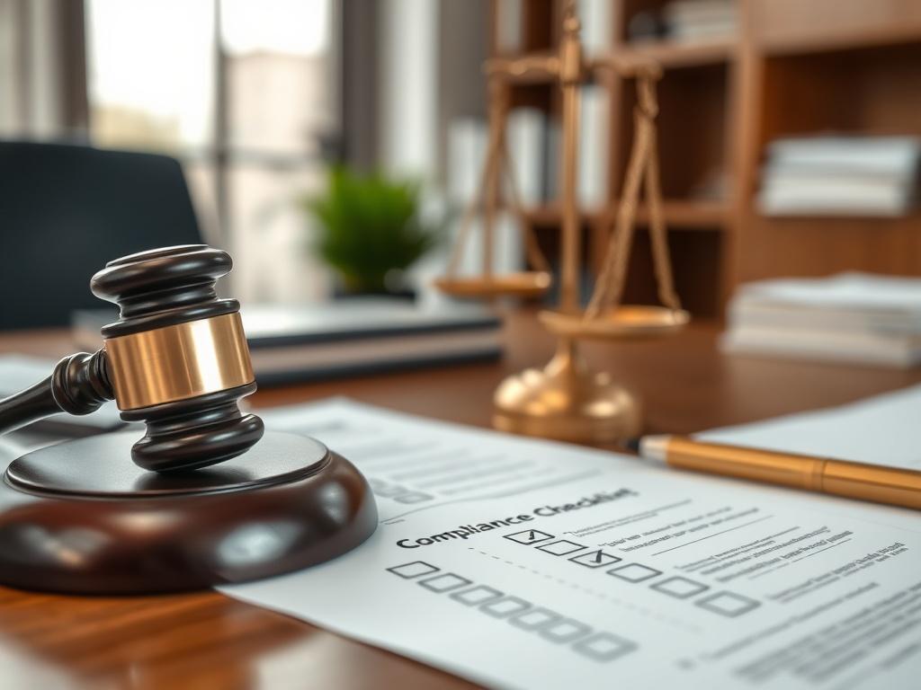 A realistic close-up of legal documents and compliance checklists on a desk, with a gavel and a scale symbolising justice in the background. The setting is a professional office, emphasising seriousness and adherence to legal standards.