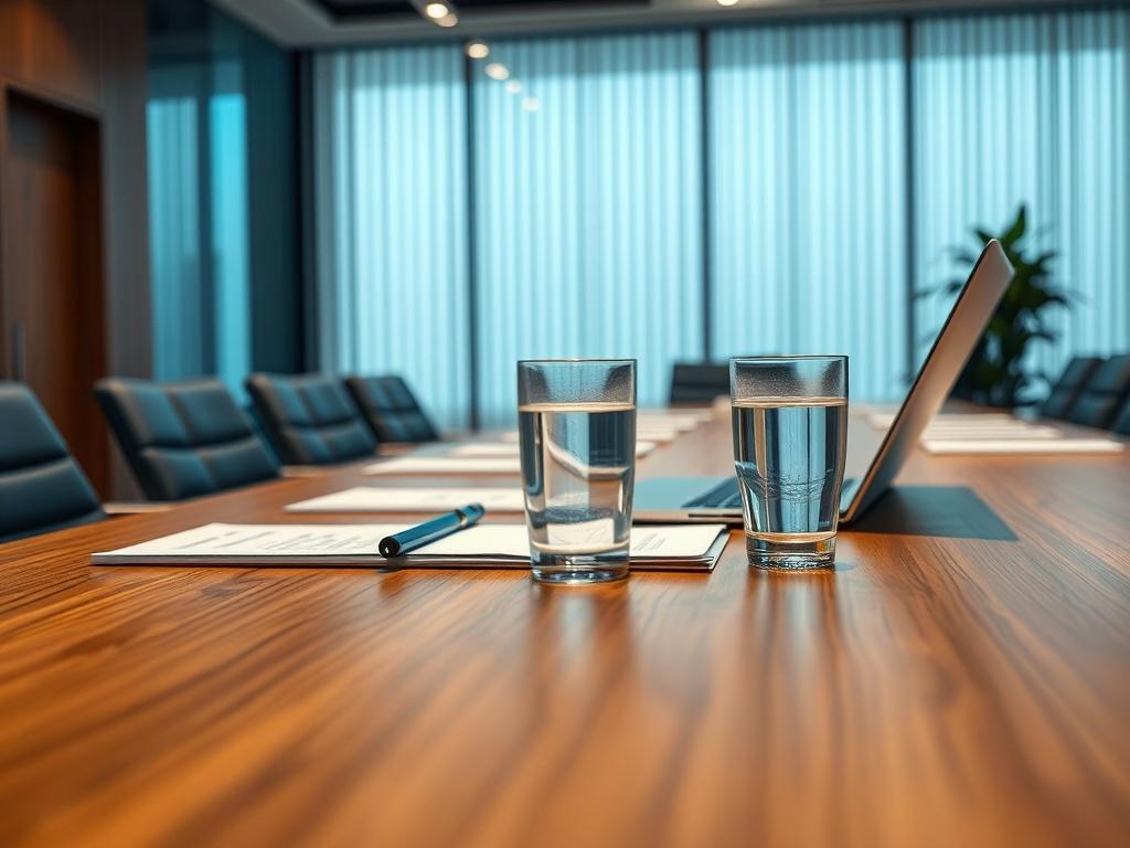 A hyper-realistic close-up shot of a professional boardroom table with documents, a laptop, and a glass of water, set in a modern, well-lit office environment. The focus is on the table, showcasing a professional atmosphere conducive to serious governance discussions.