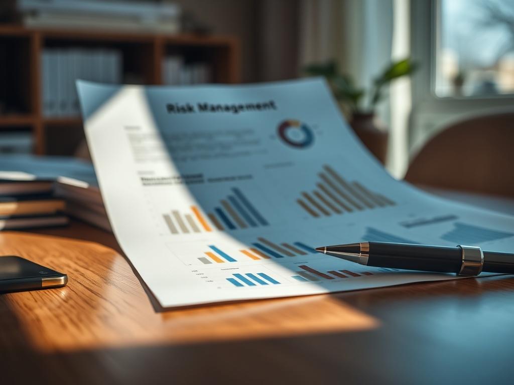 A high-resolution close-up image of a risk management report with charts and graphs, placed on a wooden desk. Natural light streams in from the window, creating a serious and focused atmosphere, ideal for risk assessment.