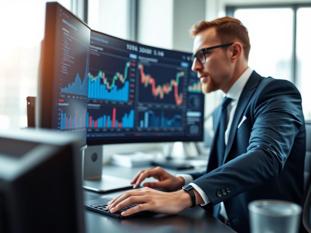A close-up shot of a financial analyst reviewing data on a high-resolution monitor, with charts and graphs visible. The background shows a modern office setting, emphasising a professional and analytical atmosphere.