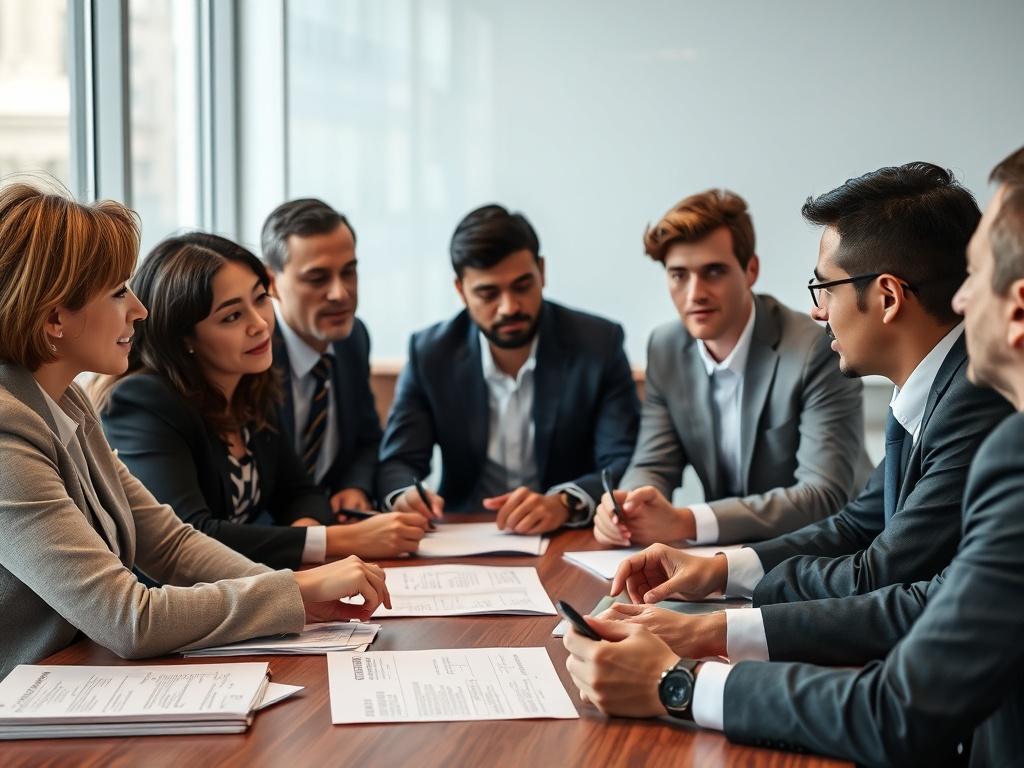 A close-up shot of a governance meeting in progress, showing a diverse group of professionals discussing asset management strategies. Documents and reports are visible on the table, creating a sense of collaboration and diligence in decision-making.