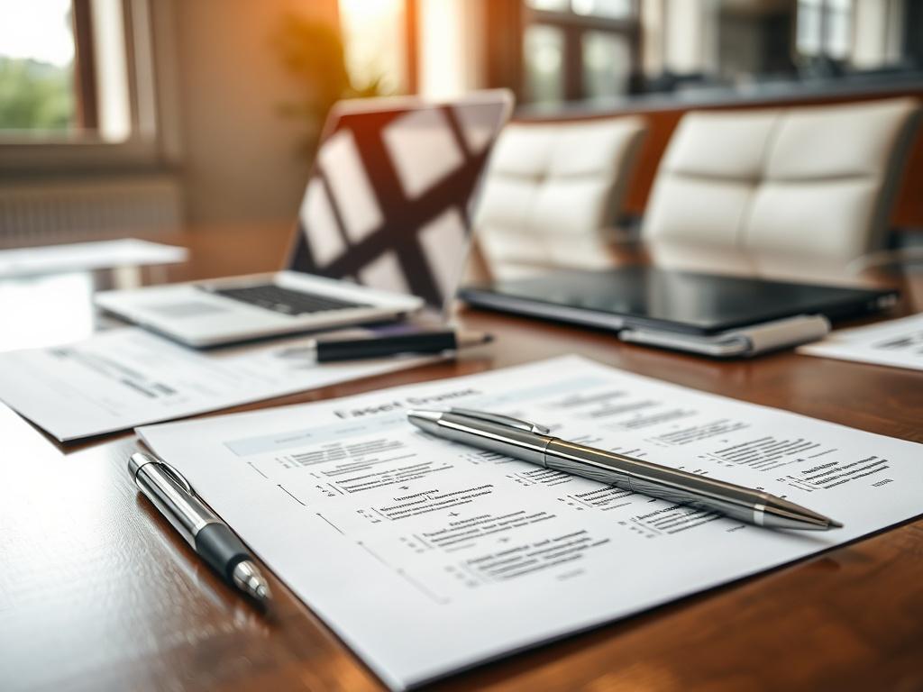 A close-up shot of a well-organised conference table with financial documents, a laptop, and a pen lying on the table. The focus is on the detailed documents that outline asset structuring, with a blurred background of a professional office environment.