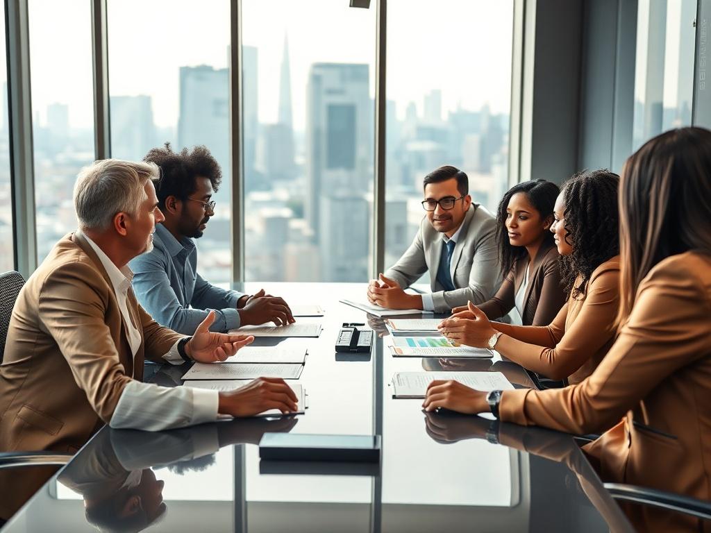 A hyper-realistic image depicting a diverse group of investors engaged in a structured participation meeting. The group should include individuals of various ethnic backgrounds and genders, discussing investment opportunities around a sleek conference table. The setting should be modern and professional, with natural light filtering in through large windows, showcasing a city skyline in the background. The focus should be on the interaction and collaboration among the investors, highlighting their engagemen