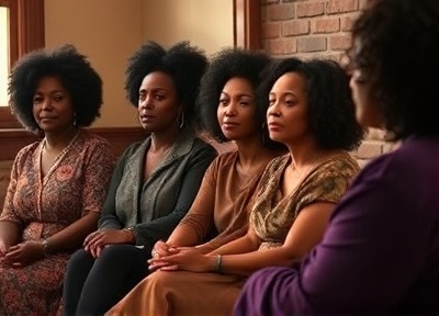 Black women in a group healing circle at a women's event