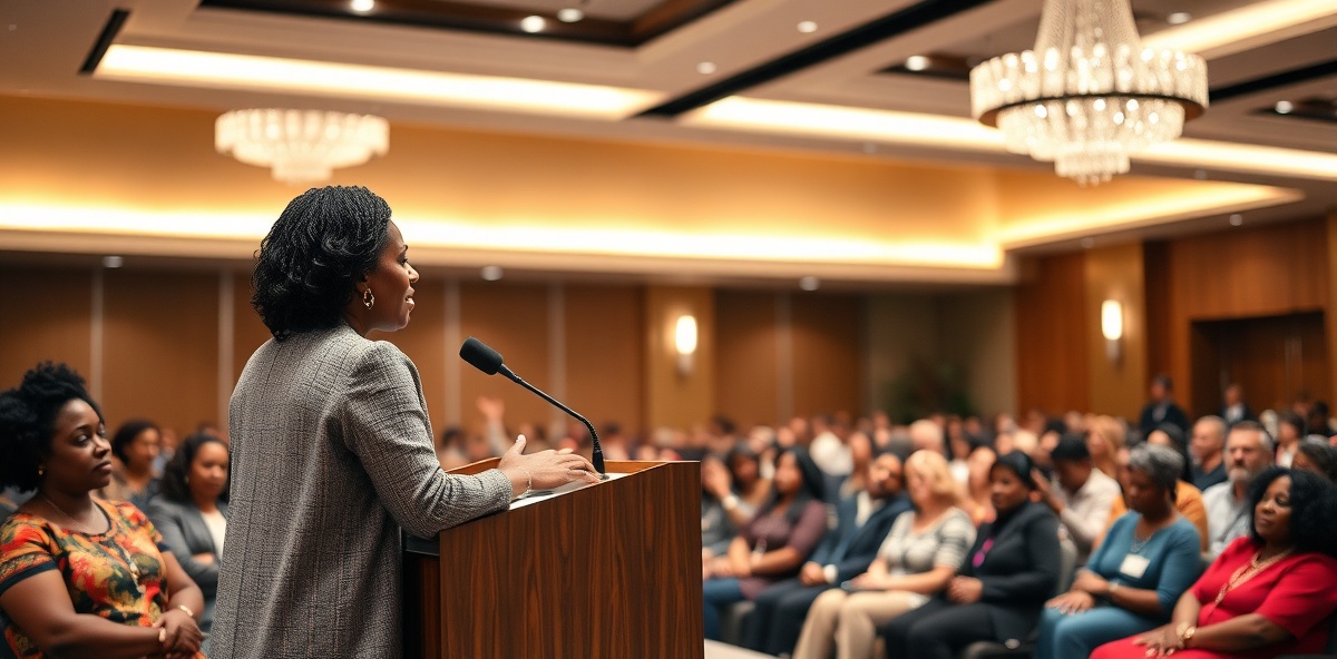 Professional speaking event with Black woman addressing engaged audience