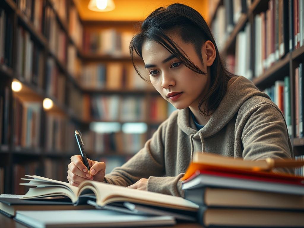 A realistic high resolution of a focused student studying in
