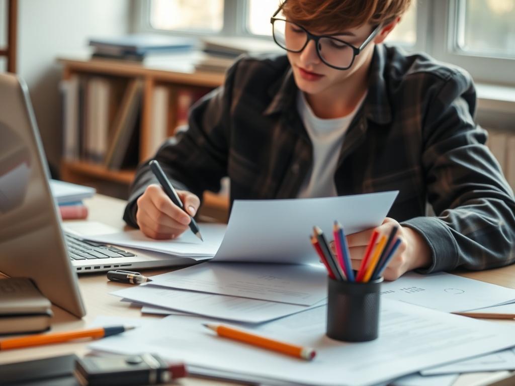 A close up shot of a student working diligently on