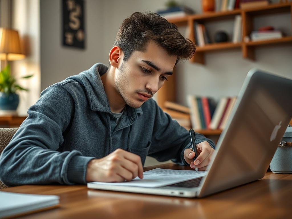 A realistic close up shot of a student writing a