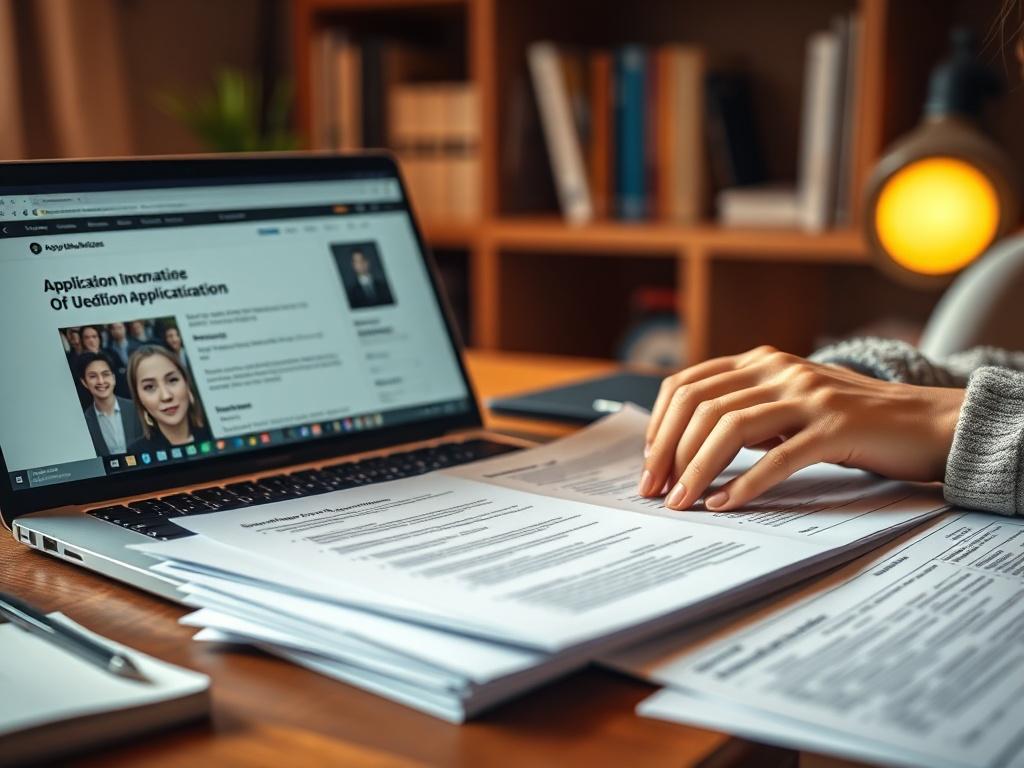 A realistic close-up of a student's hands organizing application documents on a desk, with a laptop open showing a university application page. The setting is a cozy study area with warm lighting. The focus is on the documents and the student's engagement.