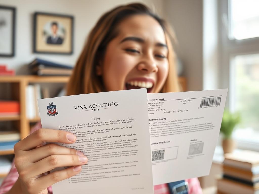 A close-up of a student excitedly receiving a letter of acceptance and a visa approval, with a celebratory atmosphere. The background shows a bright room filled with study materials, symbolizing success and achievement.