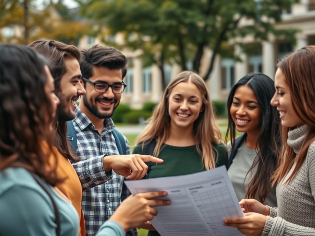 A close-up shot of a diverse group of students engaged in a discussion, with one student pointing at a study plan. The background features a university campus setting with trees and buildings, in soft focus. The overall tone is optimistic and focused on collaboration.