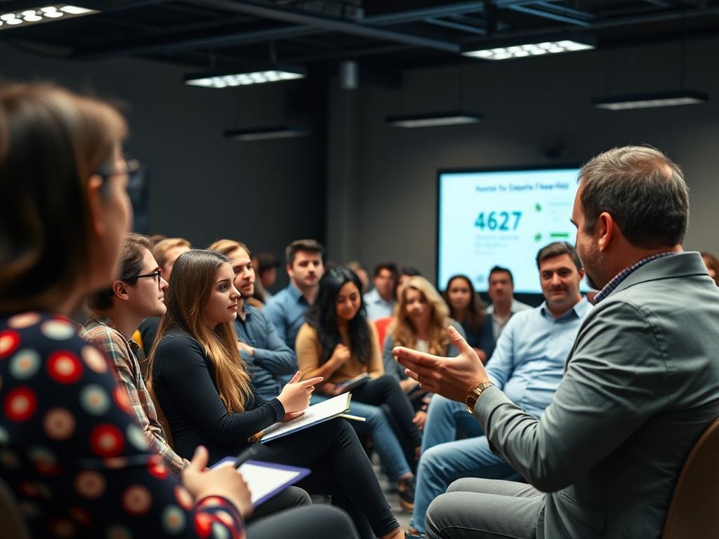 A vibrant scene of an informative workshop in progress, with a speaker engaging with an audience of students. The room is filled with enthusiasm, and students are taking notes and asking questions, creating a lively learning environment.