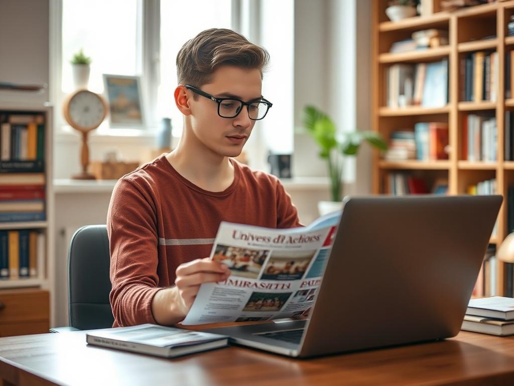 Create a realistic high-resolution photo that embodies the theme of "Conseils d’orientation académique." The composition should be simple and clear, featuring a single subject—a confident young student, approximately 18-22 years old, engaged in a thoughtful pose as they sit at a desk. The student should be looking at a variety of university brochures and a laptop open in front of them, implying research and decision-making. 

The background should be softly blurred to enhance focus on the student, with a wa