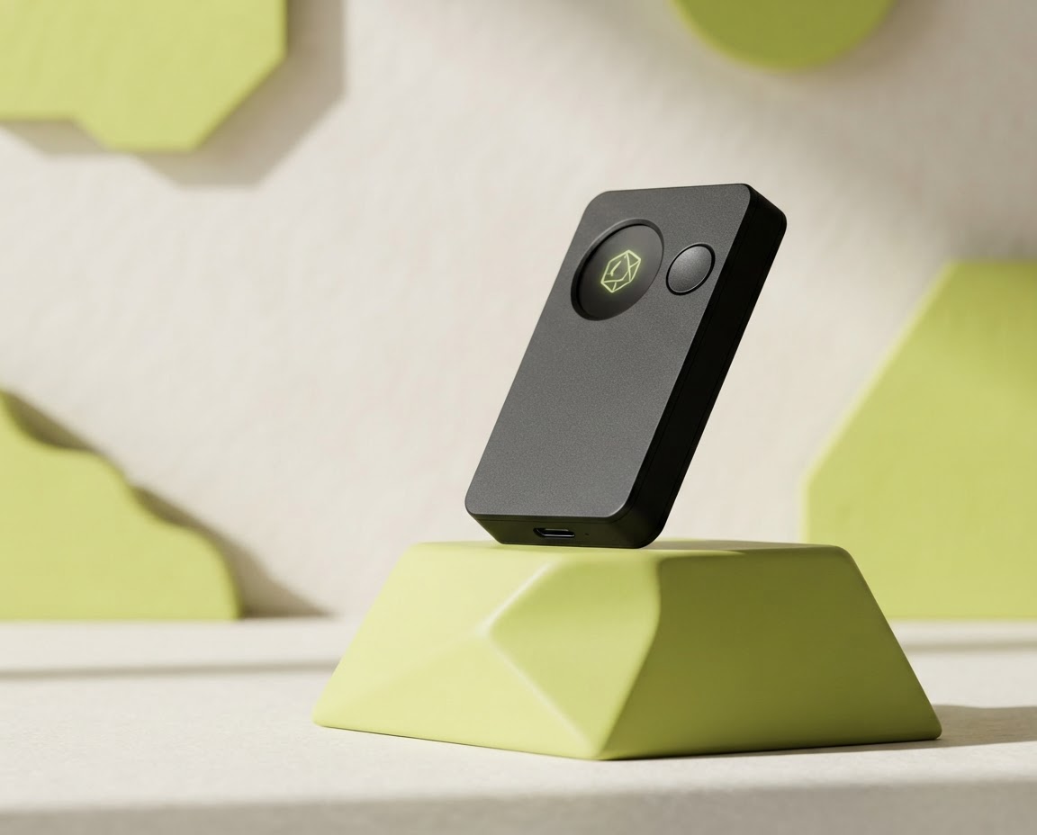 A secure hardware wallet displayed on a bright green plinth