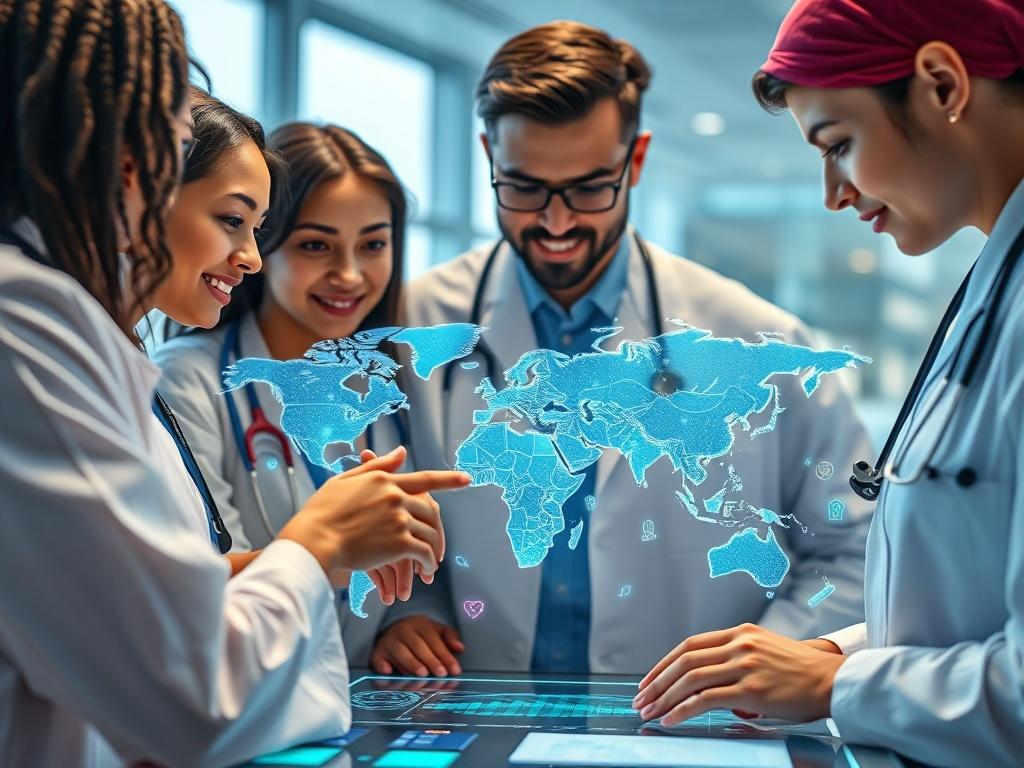 A healthcare team from diverse backgrounds collaborating over a digital