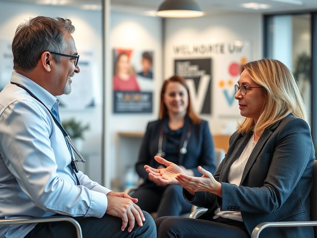 A professional coach engaging with a healthcare executive in a