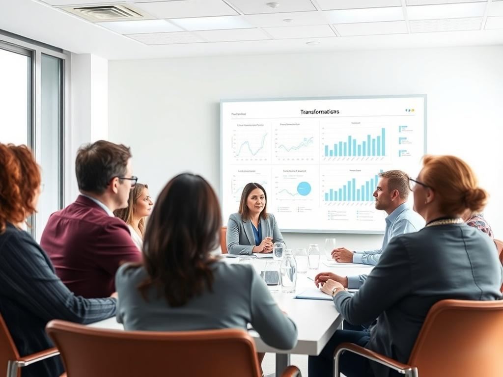 A visual of a team meeting in a bright conference