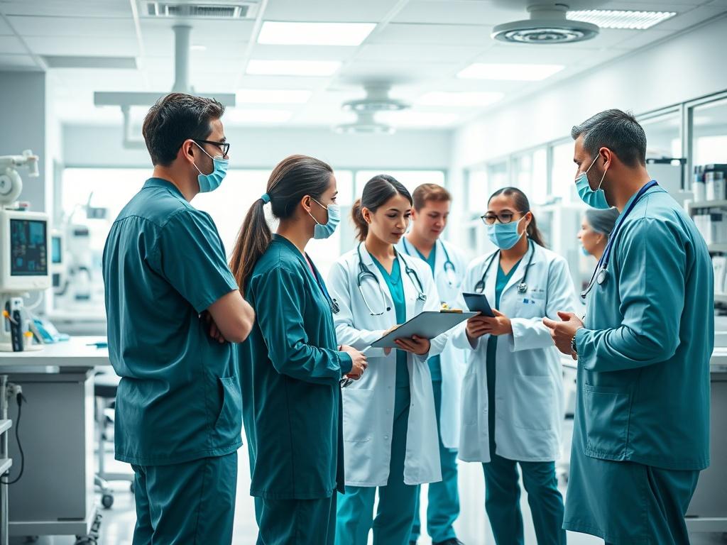 A modern hospital environment showcasing healthcare professionals collaborating in an