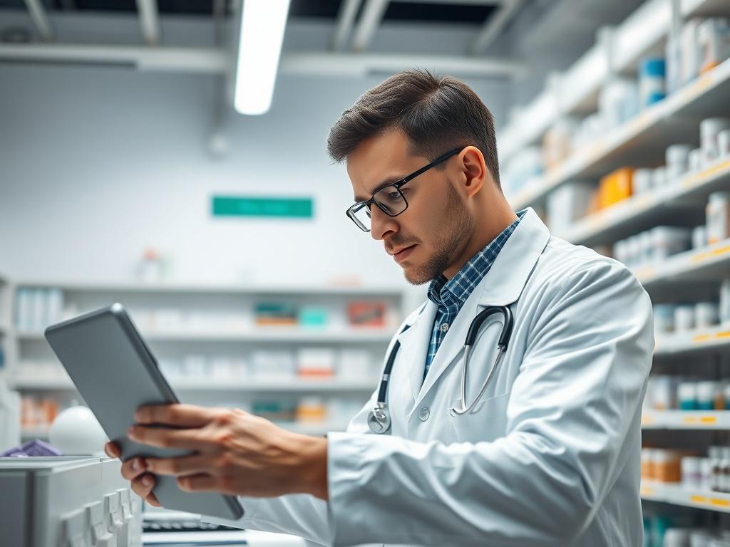 A close up shot of a pharmacist working in a