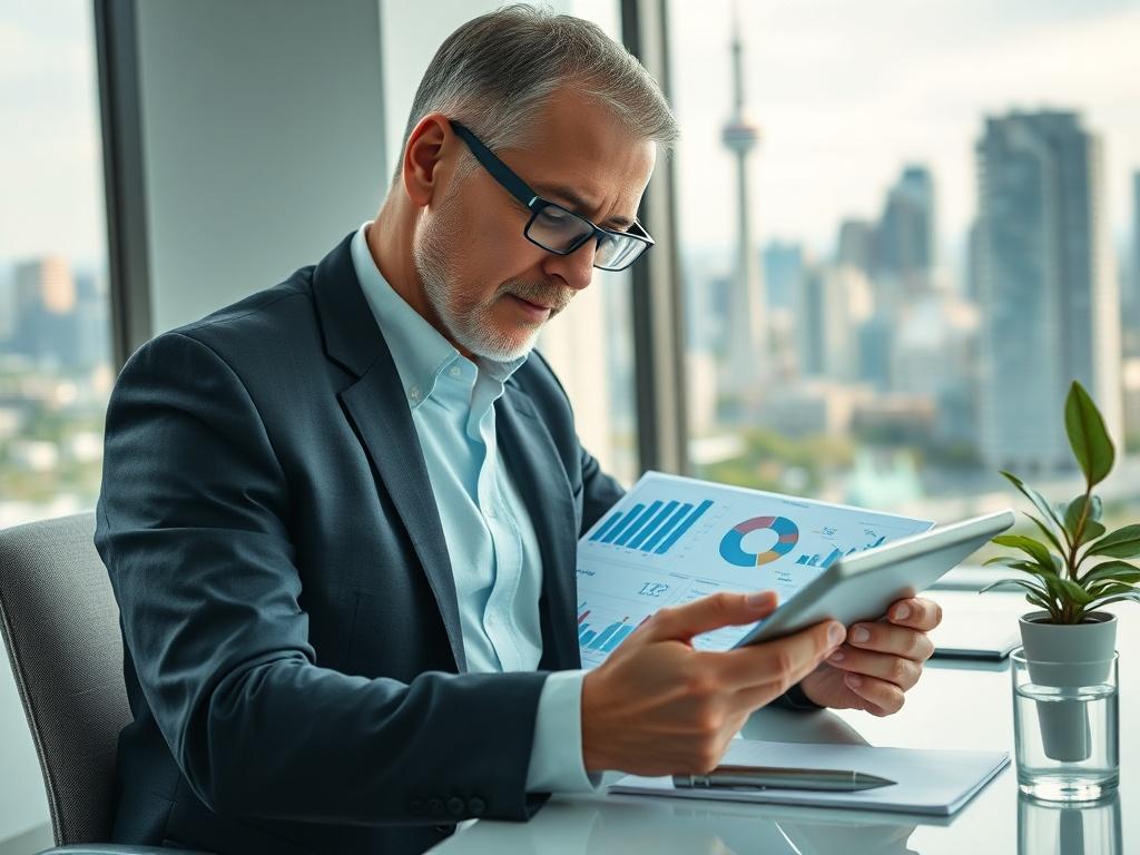 Create a realistic high-resolution photo that captures the essence of "Redesigning Healthcare Business Operations." The composition should be simple and clear, featuring a single subject: a healthcare operations manager engaging with a digital tablet while reviewing charts and graphs. 

The subject, a middle-aged professional wearing smart business attire, should have a focused expression, reflecting determination and forward-thinking. Include a background that suggests a modern healthcare environment, such