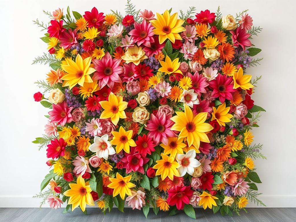 A beautifully arranged flower wall featuring vibrant and colorful flowers,