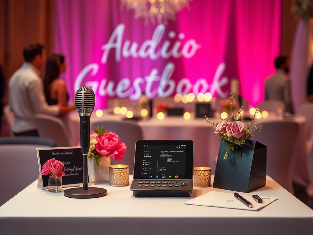 A modern Audio Guestbook station at an event, featuring a