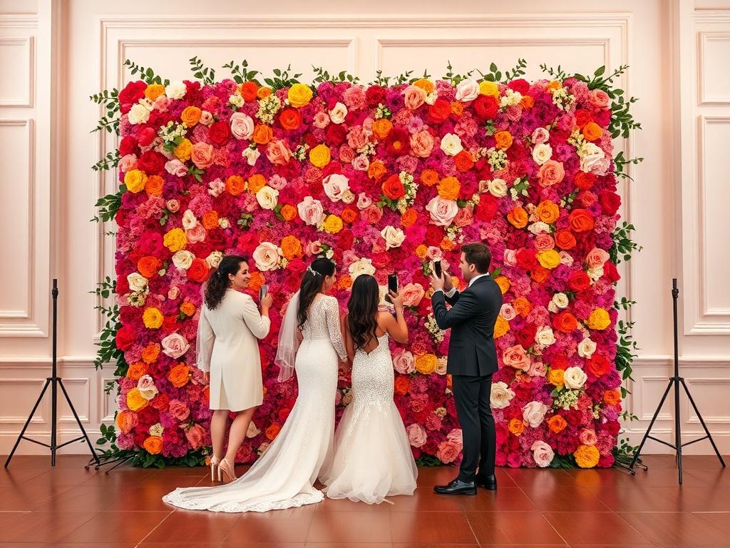 A stunning of a Flower Wall rental at a wedding,