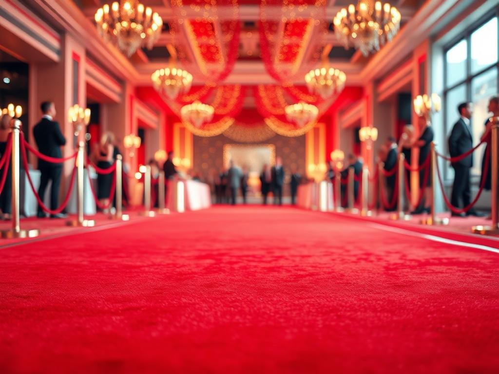A luxurious red carpet laid out at an elegant event setting. The carpet should be vibrant red, surrounded by soft lighting and stylish décor. In the background, a blurred image of guests dressed in formal attire enjoying the event. The focus should be on the carpet, showcasing its plush texture and inviting appearance. The overall atmosphere should feel glamorous and celebratory, capturing the essence of a high-class event.