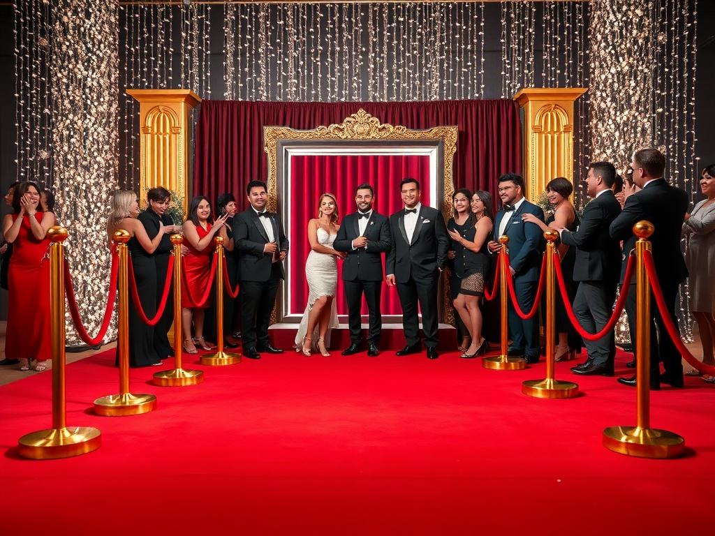 A luxurious red carpet with golden stanchions and elegant backdrop, featuring a glamorous photo booth setup. The scene is lively with guests dressed in formal attire posing for photos, showcasing their excitement. The background is a soft-focus of sparkling lights, creating an enchanting atmosphere. The overall composition emphasizes the red carpet and the joyful expressions of the guests.