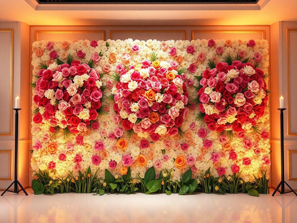 A stunning flower wall backdrop featuring three different beautiful floral designs, set up at an elegant event. The wall should be vibrant and visually appealing, attracting guests to take photos in front of it. The image should capture the charm and allure of the flower wall, making it a focal point for celebrations.